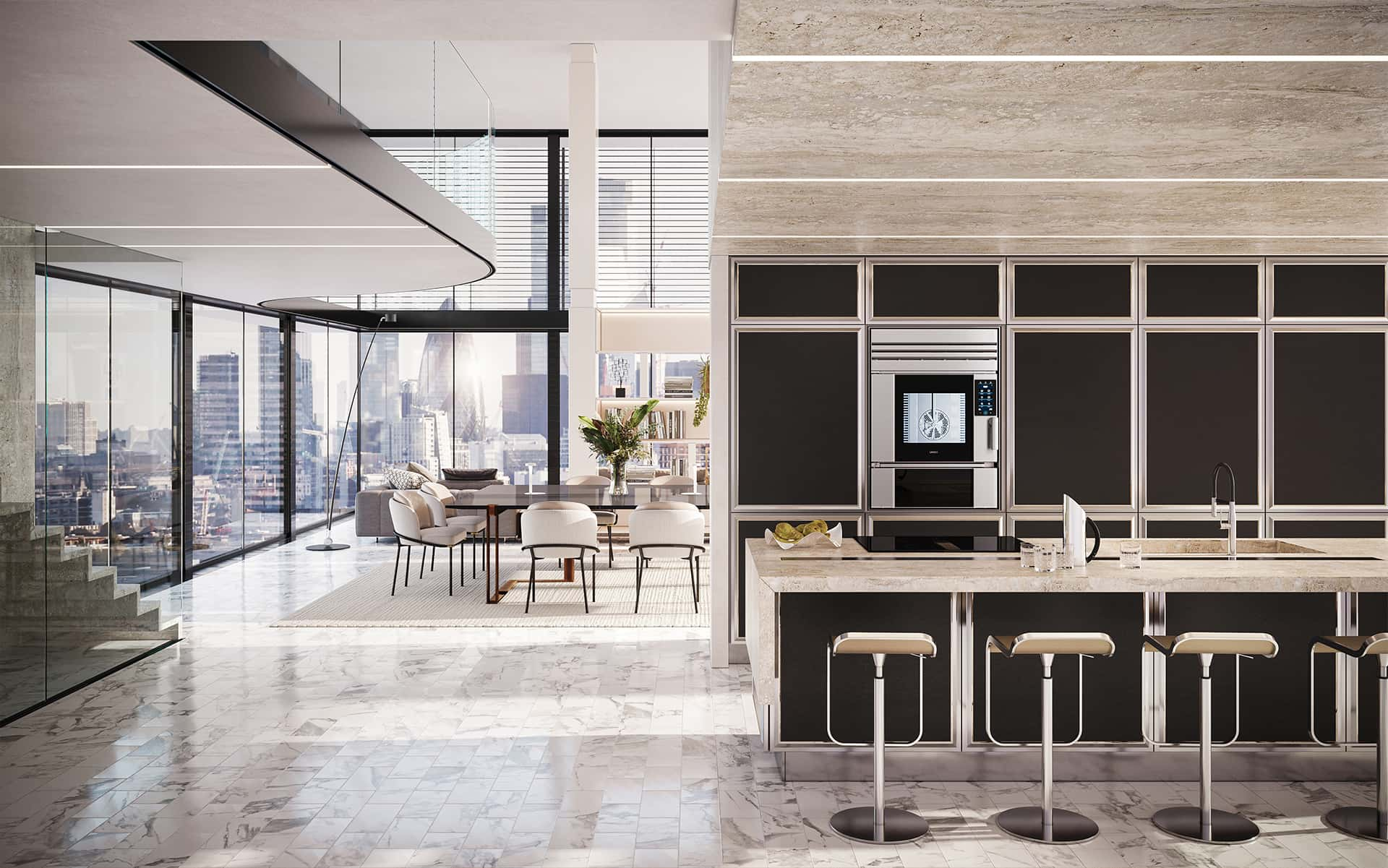 Cuisine design dans un appartement moderne à Londres, avec four encastrable de luxe de la collection SuperOven d'Unox Casa